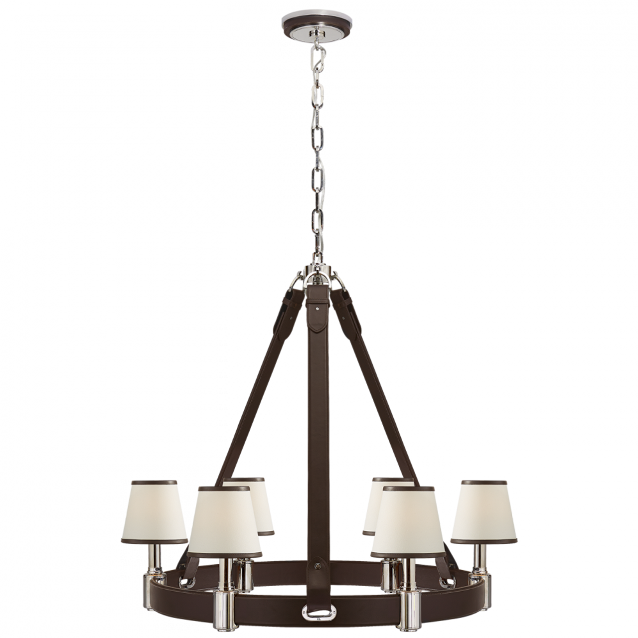 Riley Medium Ring Chandelier - Polished Nickel and Chocolate Leather