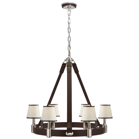 Riley Medium Ring Chandelier - Polished Nickel and Chocolate Leather